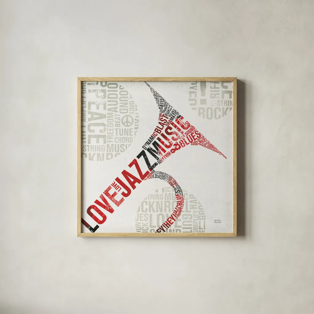 Type Trumpet Colorful Square by Michael Mullan. Shown in a natural wood glass frame for a timeless modern aesthetic. Available as an archival giclee rolled canvas, fine art paper, or poster print. SKU 48419a.