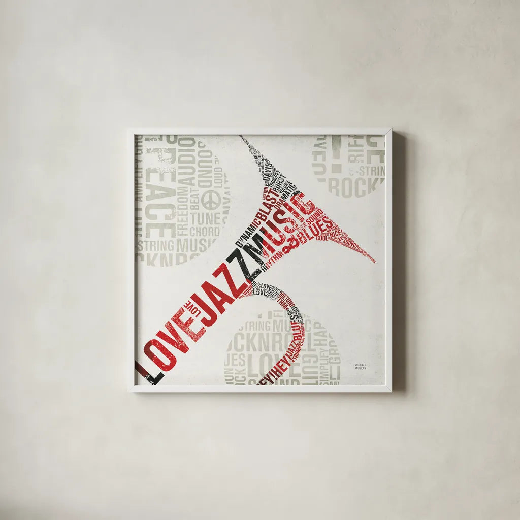 Type Trumpet Colorful Square by Michael Mullan. Shown in a crisp white glass frame for a clean and minimalist style. Available as an archival giclee rolled canvas, fine art paper, or poster print. SKU 48419a.