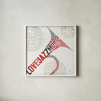 Type Trumpet Colorful Square by Michael Mullan. Shown in a crisp white glass frame for a clean and minimalist style. Available as an archival giclee rolled canvas, fine art paper, or poster print. SKU 48419a.