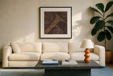 Type Trumpet Neutral Square by Michael Mullan. Displayed in a glass frame with matte in a clean modern living room. Available as an archival giclee rolled canvas, fine art paper, or poster print. SKU 51059a.