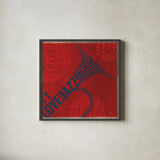 Type Trumpet Square by Michael Mullan. Shown in a sleek black glass frame for a contemporary gallery look. Available as an archival giclee rolled canvas, fine art paper, or poster print. SKU 12415a.