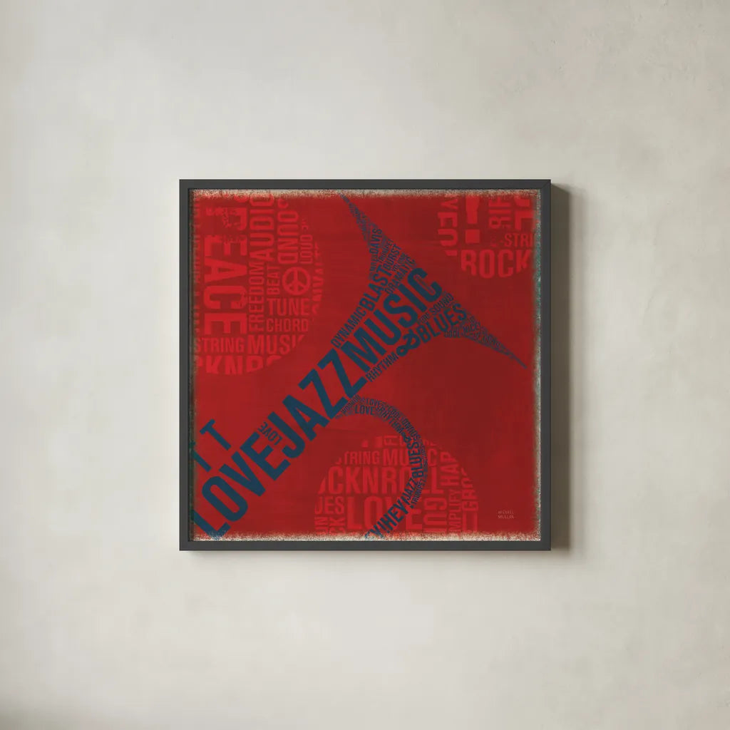 Type Trumpet Square by Michael Mullan. Shown in a sleek black glass frame for a contemporary gallery look. Available as an archival giclee rolled canvas, fine art paper, or poster print. SKU 12415a.