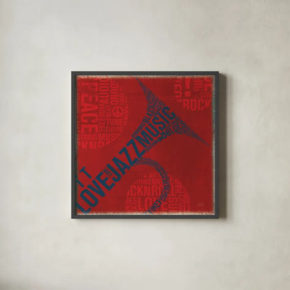 Type Trumpet Square by Michael Mullan. Shown in a sleek black glass frame for a contemporary gallery look. Available as an archival giclee rolled canvas, fine art paper, or poster print. SKU 12415a.