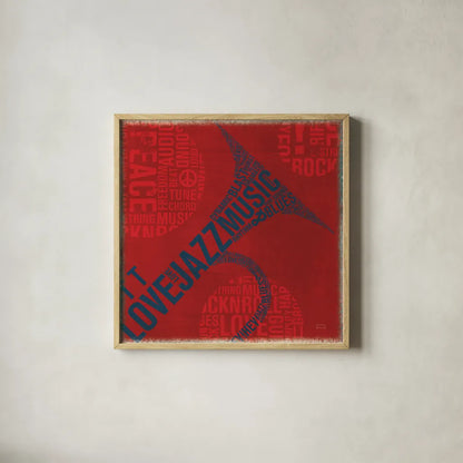 Type Trumpet Square by Michael Mullan. Shown in a natural wood glass frame for a timeless modern aesthetic. Available as an archival giclee rolled canvas, fine art paper, or poster print. SKU 12415a.