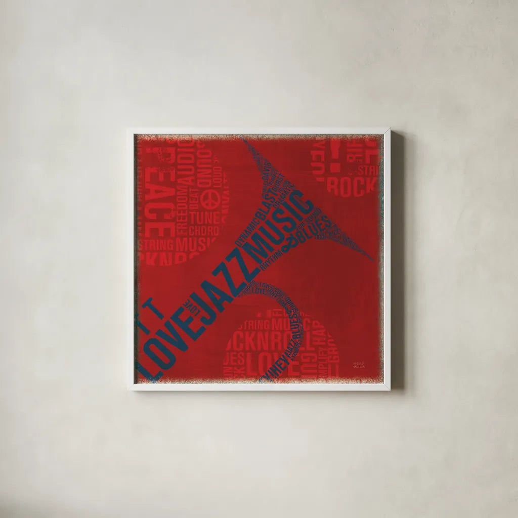 Type Trumpet Square by Michael Mullan. Shown in a crisp white glass frame for a clean and minimalist style. Available as an archival giclee rolled canvas, fine art paper, or poster print. SKU 12415a.