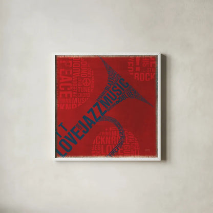 Type Trumpet Square by Michael Mullan. Shown in a crisp white glass frame for a clean and minimalist style. Available as an archival giclee rolled canvas, fine art paper, or poster print. SKU 12415a.