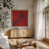 Type Trumpet Square by Michael Mullan. Shown in a natural wood frame in a cozy modern living room. Available as an archival giclee rolled canvas, fine art paper, or poster print. SKU 12415a.