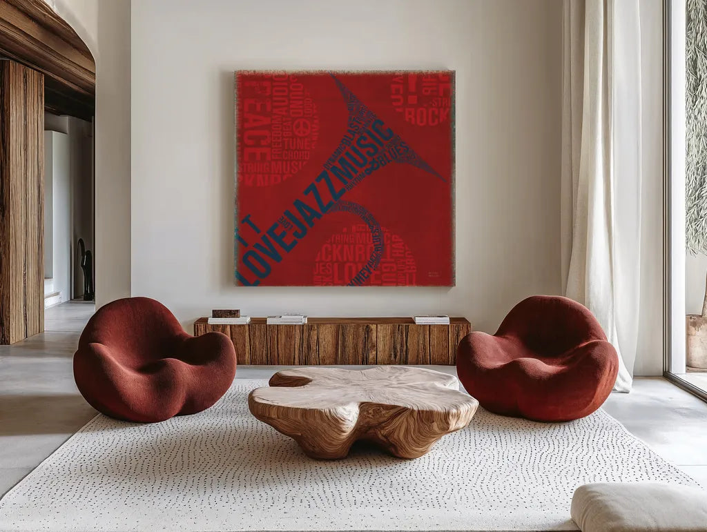 Type Trumpet Square by Michael Mullan. Shown as extra-large giant wall art in a modern living room. Available as an archival giclee rolled canvas, fine art paper, or poster print. SKU 12415a.