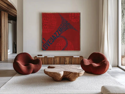 Type Trumpet Square by Michael Mullan. Shown as extra-large giant wall art in a modern living room. Available as an archival giclee rolled canvas, fine art paper, or poster print. SKU 12415a.