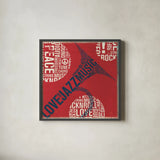 Type Trumpet Square Red and Blue by Michael Mullan. Shown in a sleek black glass frame for a contemporary gallery look. Available as an archival giclee rolled canvas, fine art paper, or poster print. SKU 51060a.