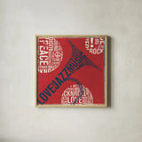 Type Trumpet Square Red and Blue by Michael Mullan. Shown in a natural wood glass frame for a timeless modern aesthetic. Available as an archival giclee rolled canvas, fine art paper, or poster print. SKU 51060a.