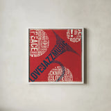 Type Trumpet Square Red and Blue by Michael Mullan. Shown in a crisp white glass frame for a clean and minimalist style. Available as an archival giclee rolled canvas, fine art paper, or poster print. SKU 51060a.