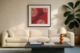 Type Trumpet Square Red and Blue by Michael Mullan. Displayed in a glass frame with matte in a clean modern living room. Available as an archival giclee rolled canvas, fine art paper, or poster print. SKU 51060a.