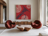 Type Trumpet Square Red and Blue by Michael Mullan. Shown as extra-large giant wall art in a modern living room. Available as an archival giclee rolled canvas, fine art paper, or poster print. SKU 51060a.