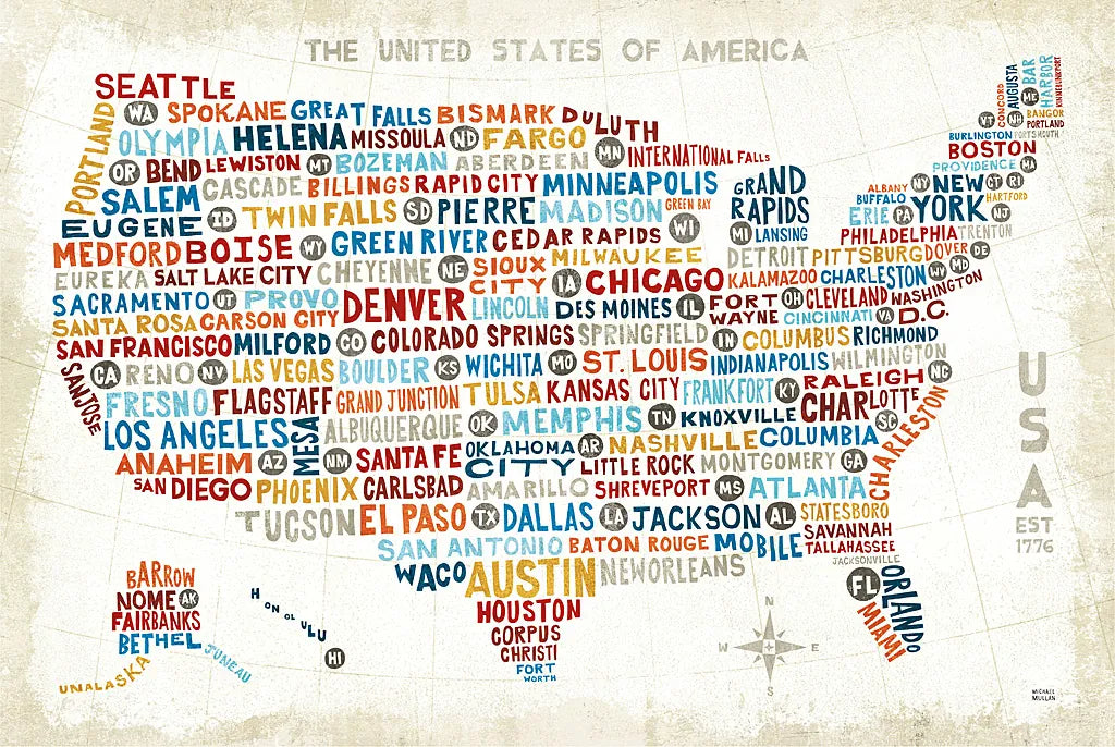 US City Map by Michael Mullan. SKU 18273i. Archival Giclee Fine art print for wall decor.