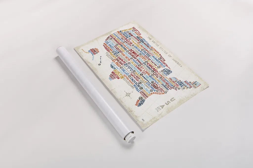 US City Map by Michael Mullan. shown as a rolled paper print. Available as archival giclee rolled canvas, fine art paper, or poster print. SKU 18273i.