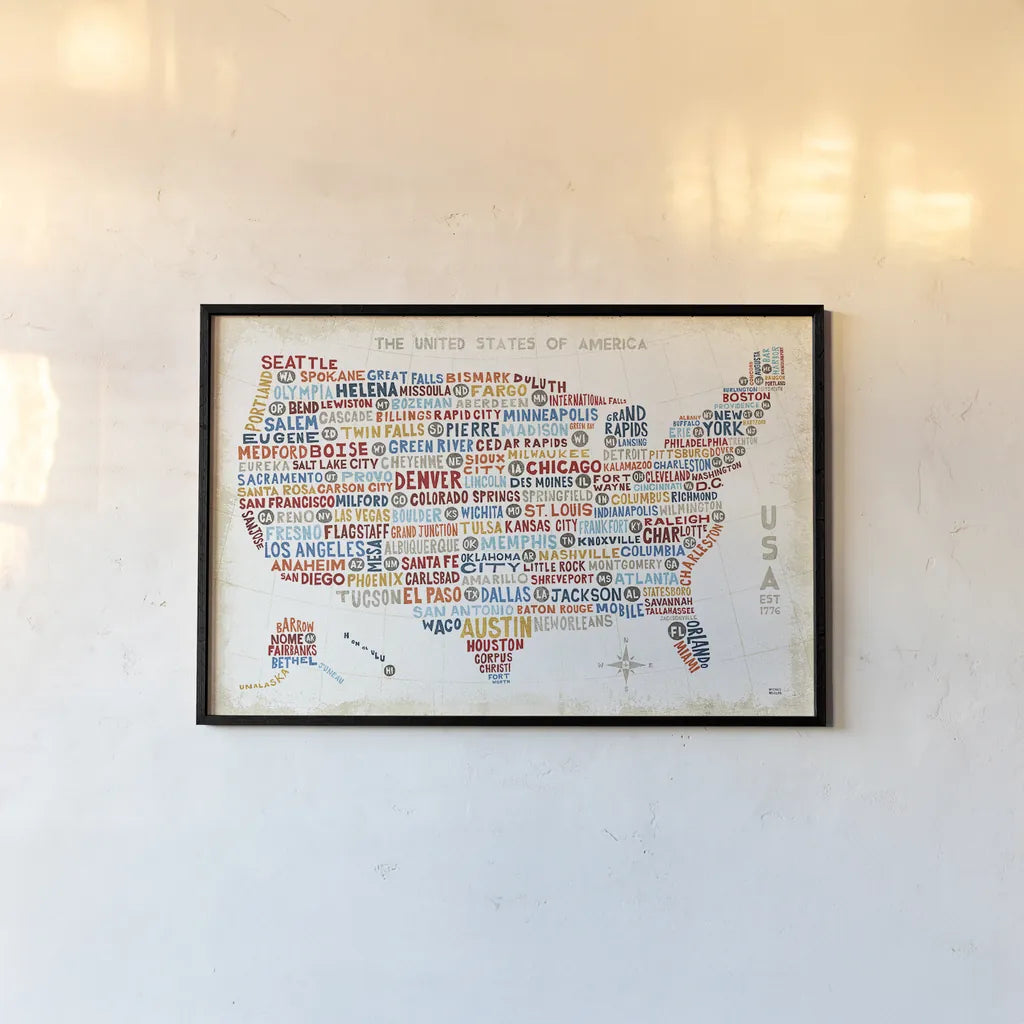 US City Map by Michael Mullan. shown as a paper print in a black flame. Available as a archival giclee rolled canvas, fine art paper, or poster print. SKU 18273i.