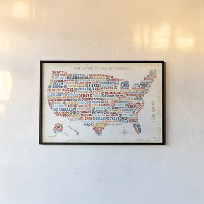 US City Map by Michael Mullan. shown as a paper print in a black flame. Available as a archival giclee rolled canvas, fine art paper, or poster print. SKU 18273i.