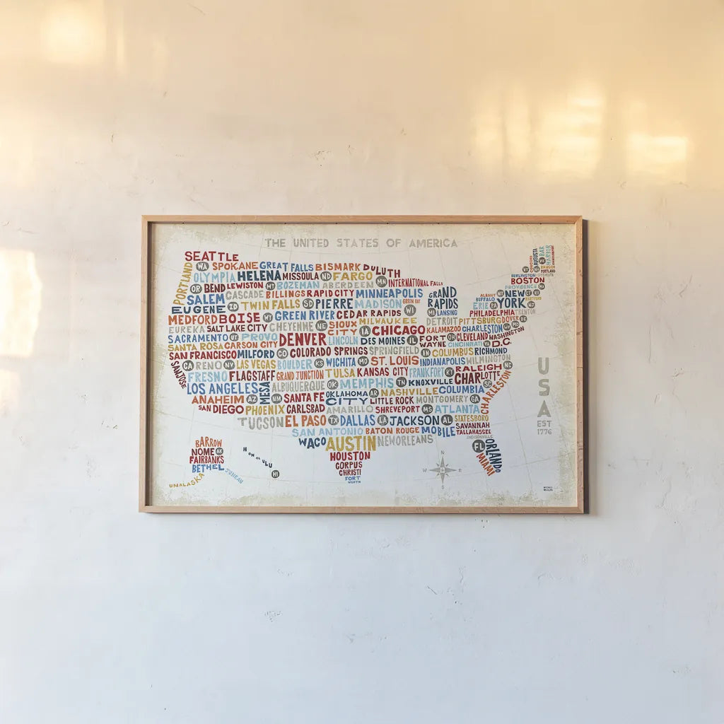 US City Map by Michael Mullan. shown as a paper print in a natural frame. Available as a archival giclee rolled canvas, fine art paper, or poster print. SKU 18273i.