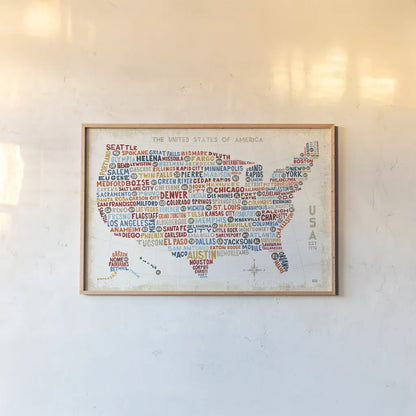 US City Map by Michael Mullan. shown as a paper print in a natural frame. Available as a archival giclee rolled canvas, fine art paper, or poster print. SKU 18273i.