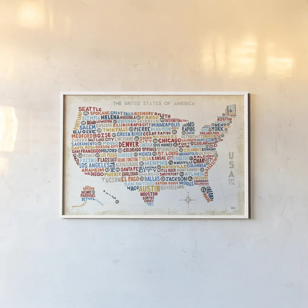 US City Map by Michael Mullan. shown as a paper print in a white frame. Available as a archival giclee rolled canvas, fine art paper, or poster print. SKU 18273i.