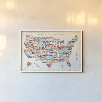 US City Map by Michael Mullan. shown as a paper print in a white frame. Available as a archival giclee rolled canvas, fine art paper, or poster print. SKU 18273i.