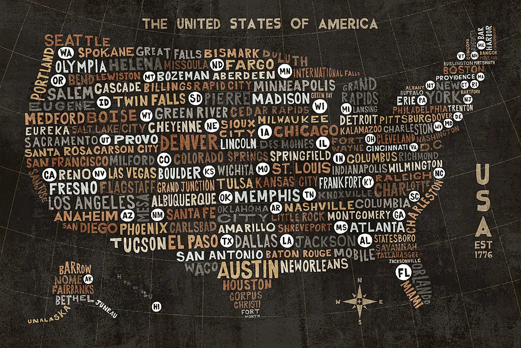 US City Map Black by Michael Mullan. SKU 20462i. Archival Giclee Fine art print for wall decor.