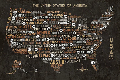 US City Map Black by Michael Mullan. SKU 20462i. Archival Giclee Fine art print for wall decor.