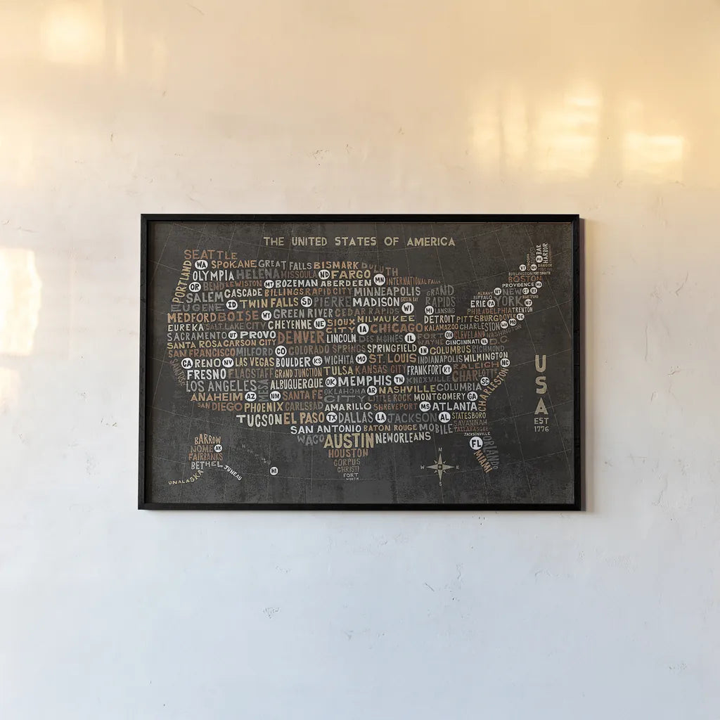 US City Map Black by Michael Mullan. shown as a paper print in a black flame. Available as a archival giclee rolled canvas, fine art paper, or poster print. SKU 20462i.