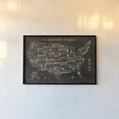 US City Map Black by Michael Mullan. shown as a paper print in a black flame. Available as a archival giclee rolled canvas, fine art paper, or poster print. SKU 20462i.