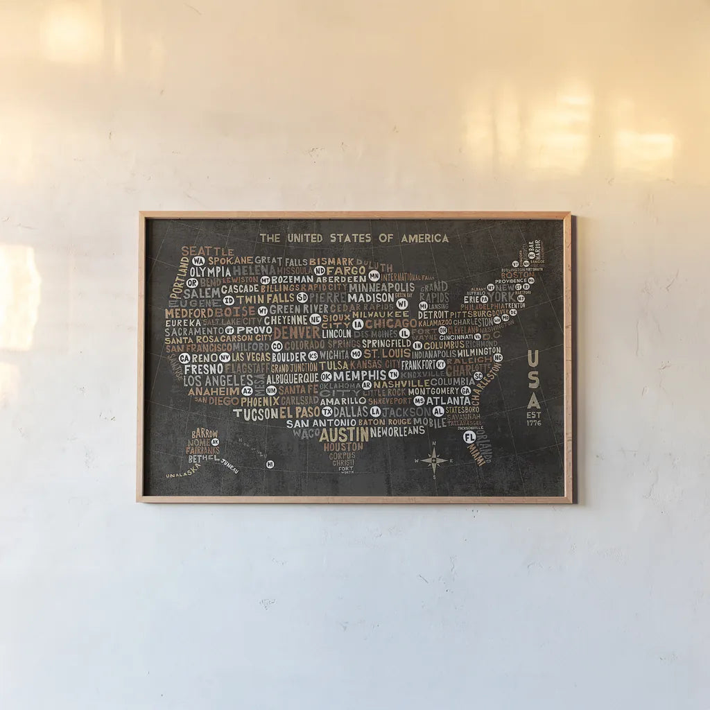 US City Map Black by Michael Mullan. shown as a paper print in a natural frame. Available as a archival giclee rolled canvas, fine art paper, or poster print. SKU 20462i.