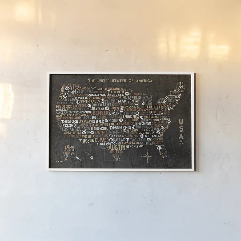 US City Map Black by Michael Mullan. shown as a paper print in a white frame. Available as a archival giclee rolled canvas, fine art paper, or poster print. SKU 20462i.