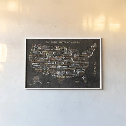 US City Map Black by Michael Mullan. shown as a paper print in a white frame. Available as a archival giclee rolled canvas, fine art paper, or poster print. SKU 20462i.