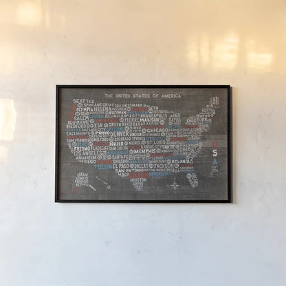 US City Map on Wood Gray by Michael Mullan. shown as a paper print in a black flame. Available as a archival giclee rolled canvas, fine art paper, or poster print. SKU 21210i.