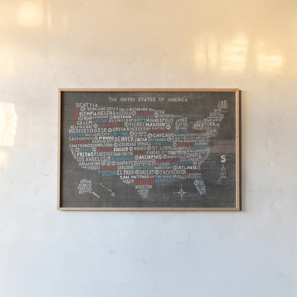 US City Map on Wood Gray by Michael Mullan. shown as a paper print in a natural frame. Available as a archival giclee rolled canvas, fine art paper, or poster print. SKU 21210i.