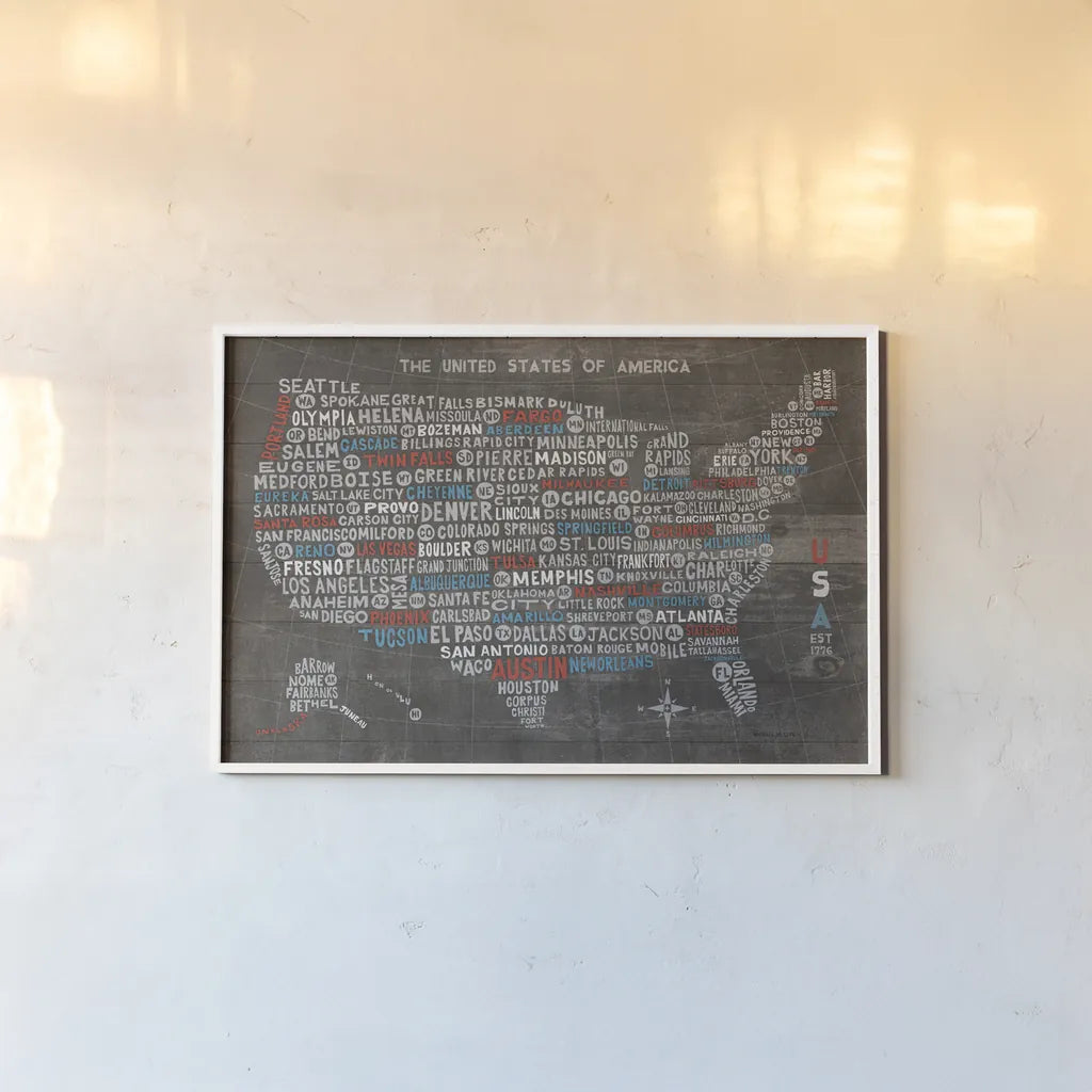 US City Map on Wood Gray by Michael Mullan. shown as a paper print in a white frame. Available as a archival giclee rolled canvas, fine art paper, or poster print. SKU 21210i.