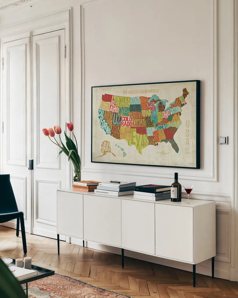 USA Modern by Michael Mullan. shown as a framed stretched canvas in a living room above a console. Available as a archival giclee rolled canvas, fine art paper, or poster print. SKU 11489i.