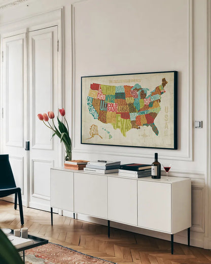 USA Modern by Michael Mullan. shown as a framed stretched canvas in a living room above a console. Available as a archival giclee rolled canvas, fine art paper, or poster print. SKU 11489i.
