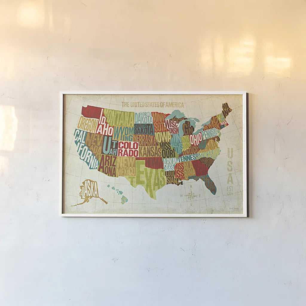 USA Modern by Michael Mullan. shown as a paper print in a white frame. Available as a archival giclee rolled canvas, fine art paper, or poster print. SKU 11489i.