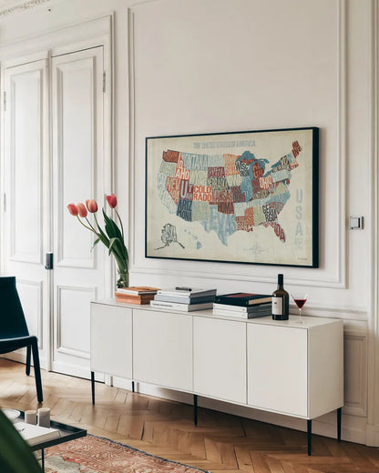 USA Modern Blue by Michael Mullan. shown as a framed stretched canvas in a living room above a console. Available as a archival giclee rolled canvas, fine art paper, or poster print. SKU 9417i.