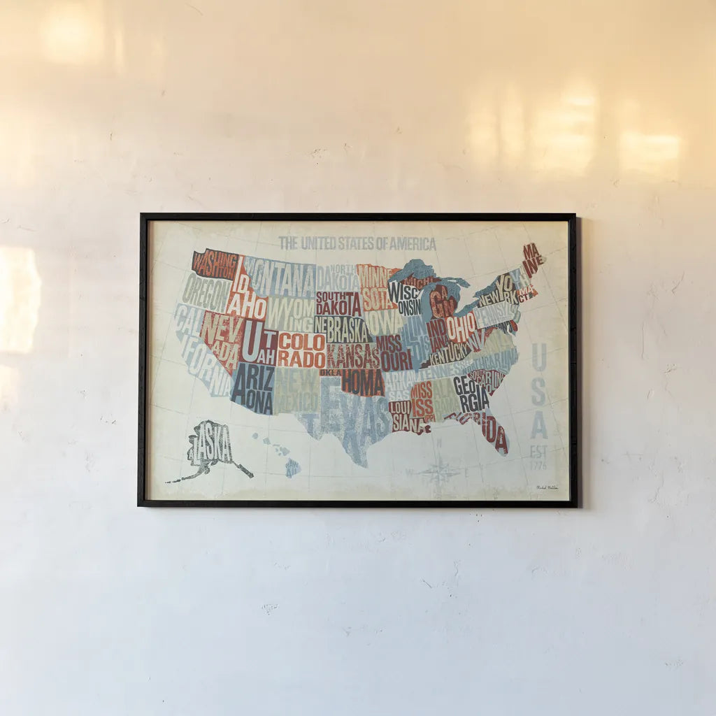 USA Modern Blue by Michael Mullan. shown as a paper print in a black flame. Available as a archival giclee rolled canvas, fine art paper, or poster print. SKU 9417i.