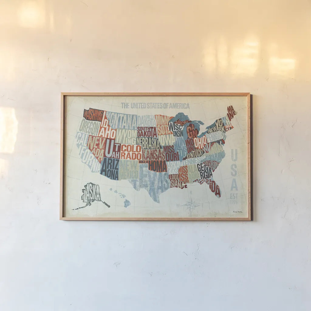 USA Modern Blue by Michael Mullan. shown as a paper print in a natural frame. Available as a archival giclee rolled canvas, fine art paper, or poster print. SKU 9417i.