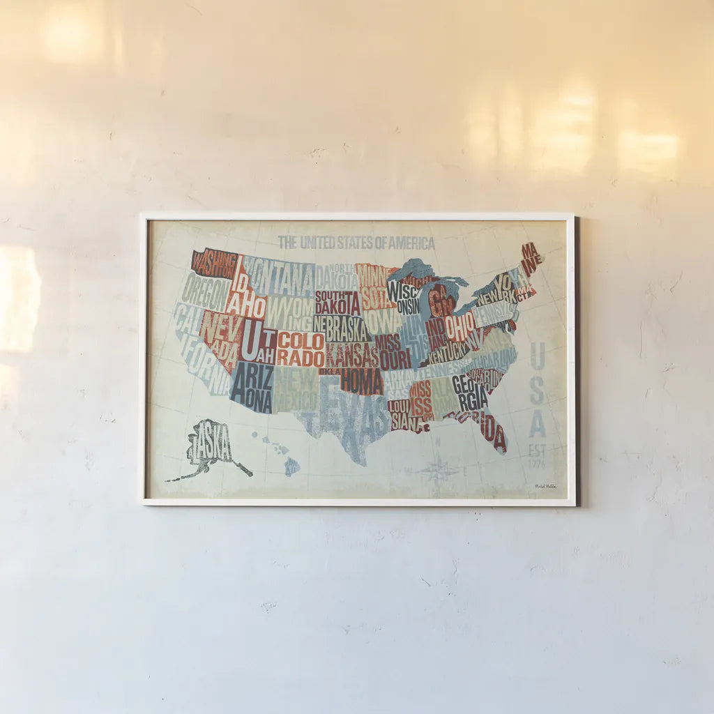 USA Modern Blue by Michael Mullan. shown as a paper print in a white frame. Available as a archival giclee rolled canvas, fine art paper, or poster print. SKU 9417i.