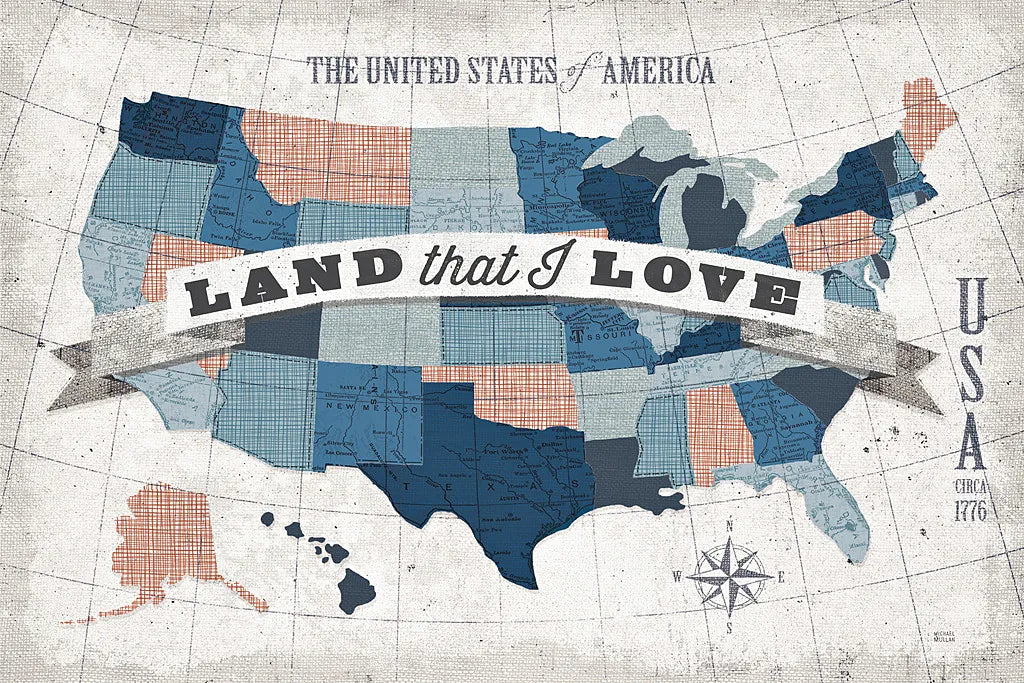 USA Modern Vintage Blue Grey Red with Words by Michael Mullan. SKU 38803i. Archival Giclee Fine art print for wall decor.