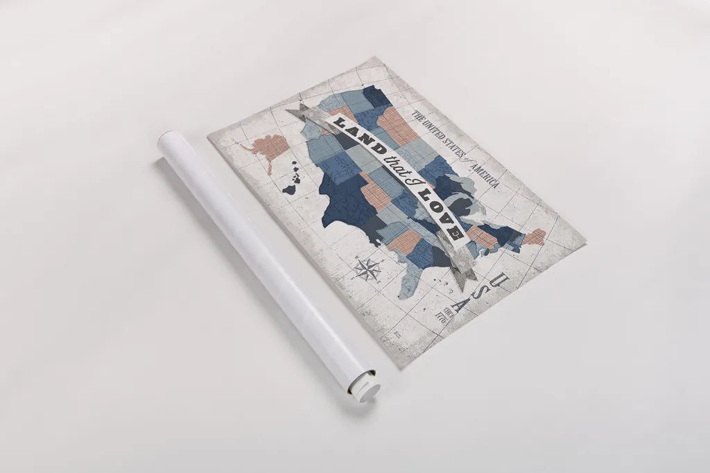 USA Modern Vintage Blue Grey Red with Words by Michael Mullan. shown as a rolled paper print. Available as archival giclee rolled canvas, fine art paper, or poster print. SKU 38803i.