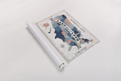 USA Modern Vintage Blue Grey Red with Words by Michael Mullan. shown as a rolled paper print. Available as archival giclee rolled canvas, fine art paper, or poster print. SKU 38803i.