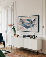 USA Modern Vintage Blue Grey Red with Words by Michael Mullan. shown as a framed stretched canvas in a living room above a console. Available as a archival giclee rolled canvas, fine art paper, or poster print. SKU 38803i.