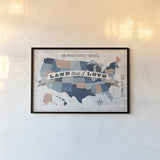 USA Modern Vintage Blue Grey Red with Words by Michael Mullan. shown as a paper print in a black flame. Available as a archival giclee rolled canvas, fine art paper, or poster print. SKU 38803i.