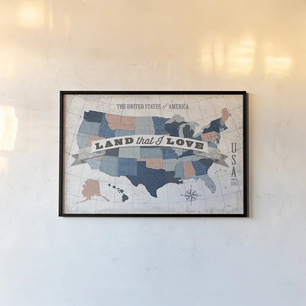 USA Modern Vintage Blue Grey Red with Words by Michael Mullan. shown as a paper print in a black flame. Available as a archival giclee rolled canvas, fine art paper, or poster print. SKU 38803i.