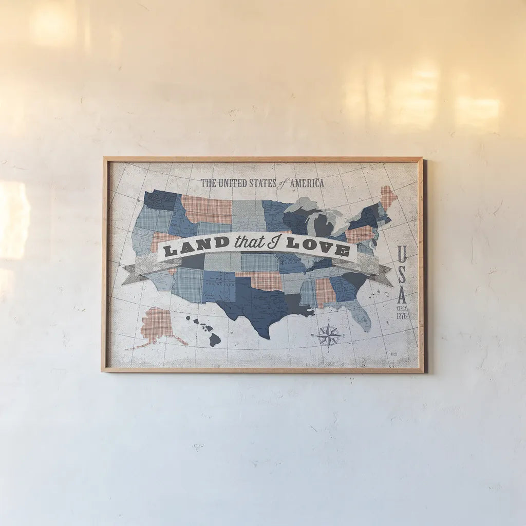 USA Modern Vintage Blue Grey Red with Words by Michael Mullan. shown as a paper print in a natural frame. Available as a archival giclee rolled canvas, fine art paper, or poster print. SKU 38803i.